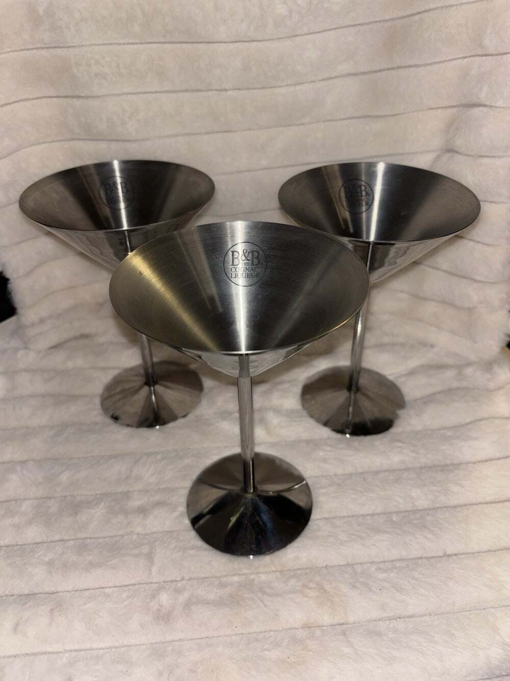 Set of 3 Vintage B&B The Cognac Liqueur Brushed Stainless Steel Martini Glasses